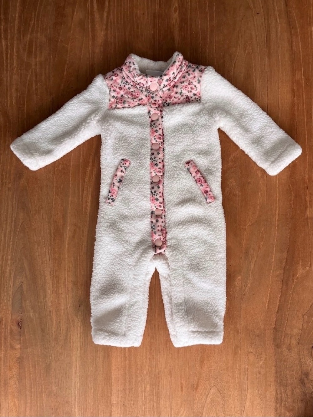 Nicole Miller Cream Fleece Baby One-Piece with Pink Floral Trim